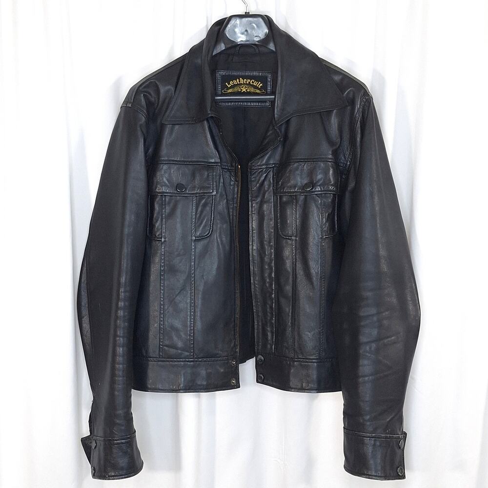 Leather Cult Jacket Mens Unisex Medium Black Genuine Leather Biker Vintage Moto